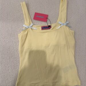 Edikted Pale Yellow Ribbed Tank with White Bow Straps